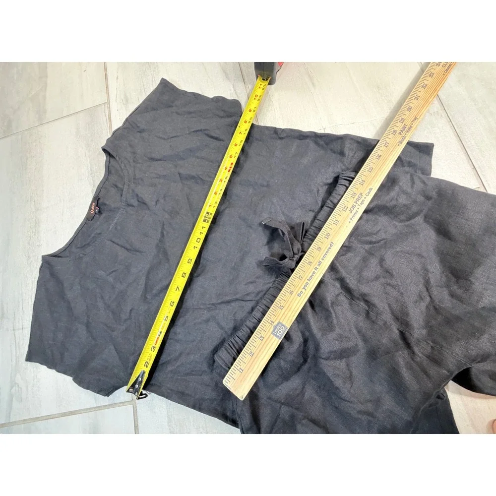 Quince Black 100% European Linen Pajama Set Short Sleeve Top Drawstring Pants S